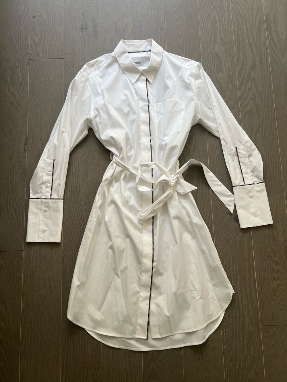 Burberry Optic White Check-Trim Belted Shirt Dress – NWT –